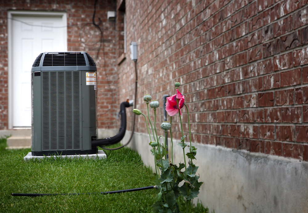 Air conditioning unit on a grassy lawn next to a red-brick wall and blooming pink flower.